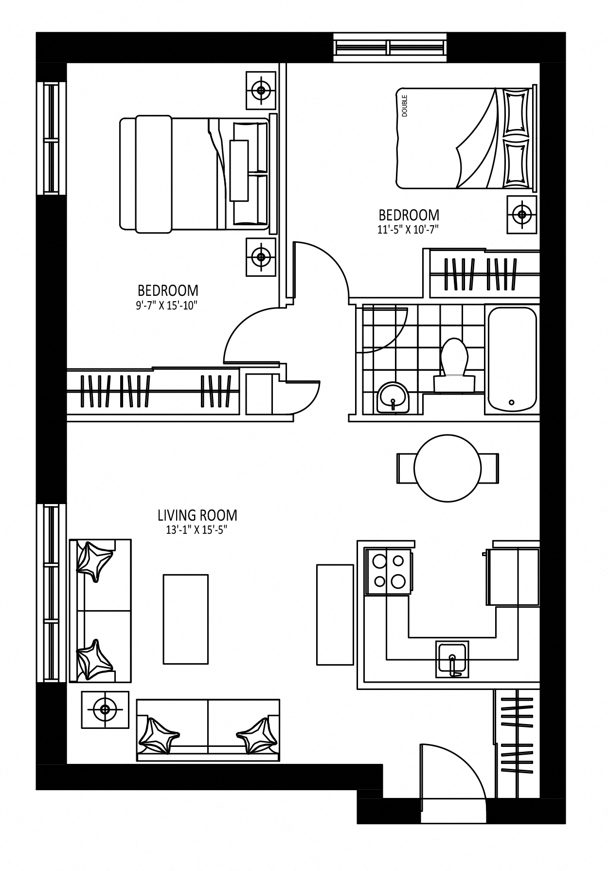 Floor plan for 2 beds, 1 bath, 802 sqft